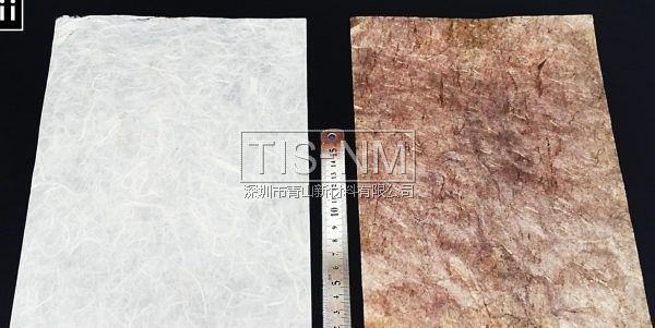 左邊為一般紙張,右邊為嵌入金屬納米粒子的導電紙 左邊為一般紙張,右邊為嵌入金屬納米粒子的導電紙