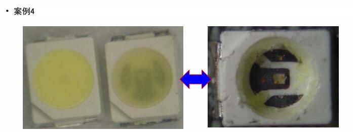 某客戶采用3528白光4#用于LED燈管,經(jīng)貼板回流焊接放置一段時間后出現(xiàn)支架黑化 某客戶采用3528白光4#用于LED燈管,經(jīng)貼板回流焊接放置一段時間后出現(xiàn)支架黑化